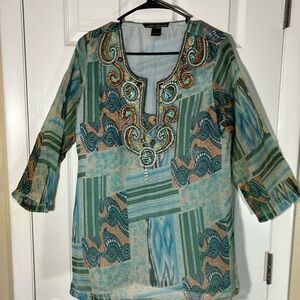 Silk Threads boho beaded art embellished  pullover tunic art to wear top aqua SM